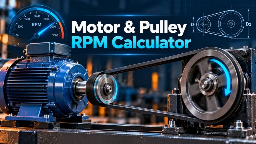Motor and Pulley RPM Calculator showing electric motor, drive pulley, driven pulley, and speed ratio.