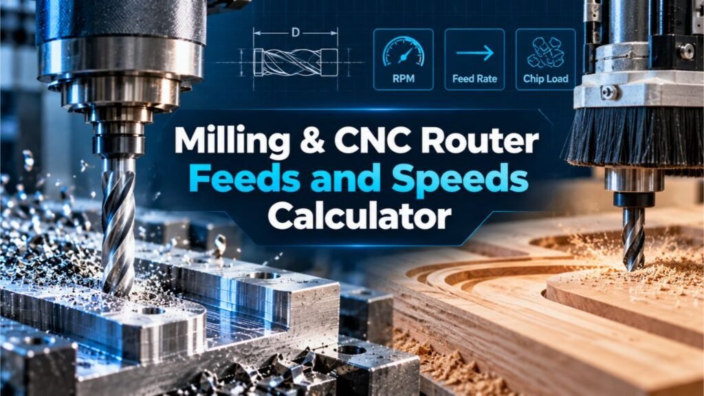 Milling and CNC Router Feeds and Speeds Calculator for RPM, chip load and feed rate.