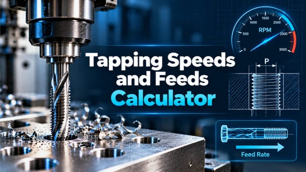 Tapping Speeds and Feeds Calculator showing CNC tapping RPM, thread pitch and feed rate.