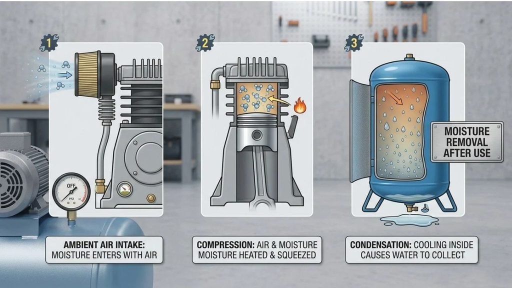 Why Does Water Build Up in an Air Compressor Tank?